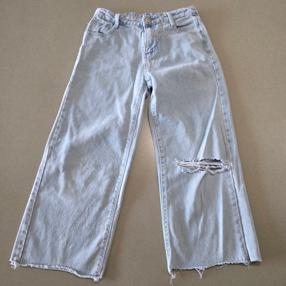Girls Light Wash Wide Leg Denim Jeans Raw Hem Size‎ 9Y